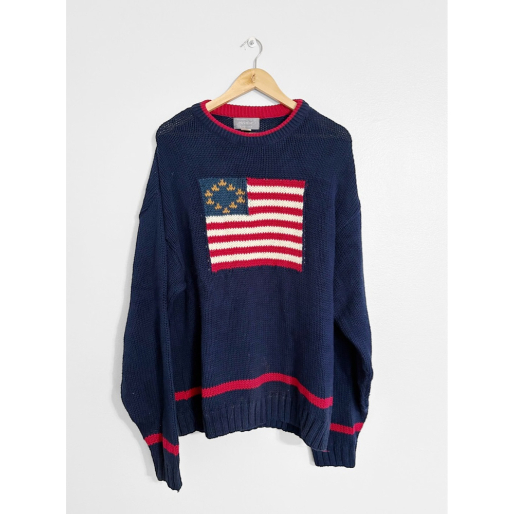 Lord & Taylor Navy, Red, White Flag Crewneck Sweater